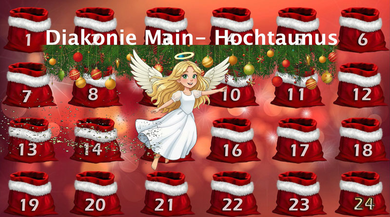 Ein Engel schwebt über 24 weihnachtlichen und nummerierten Säckchen